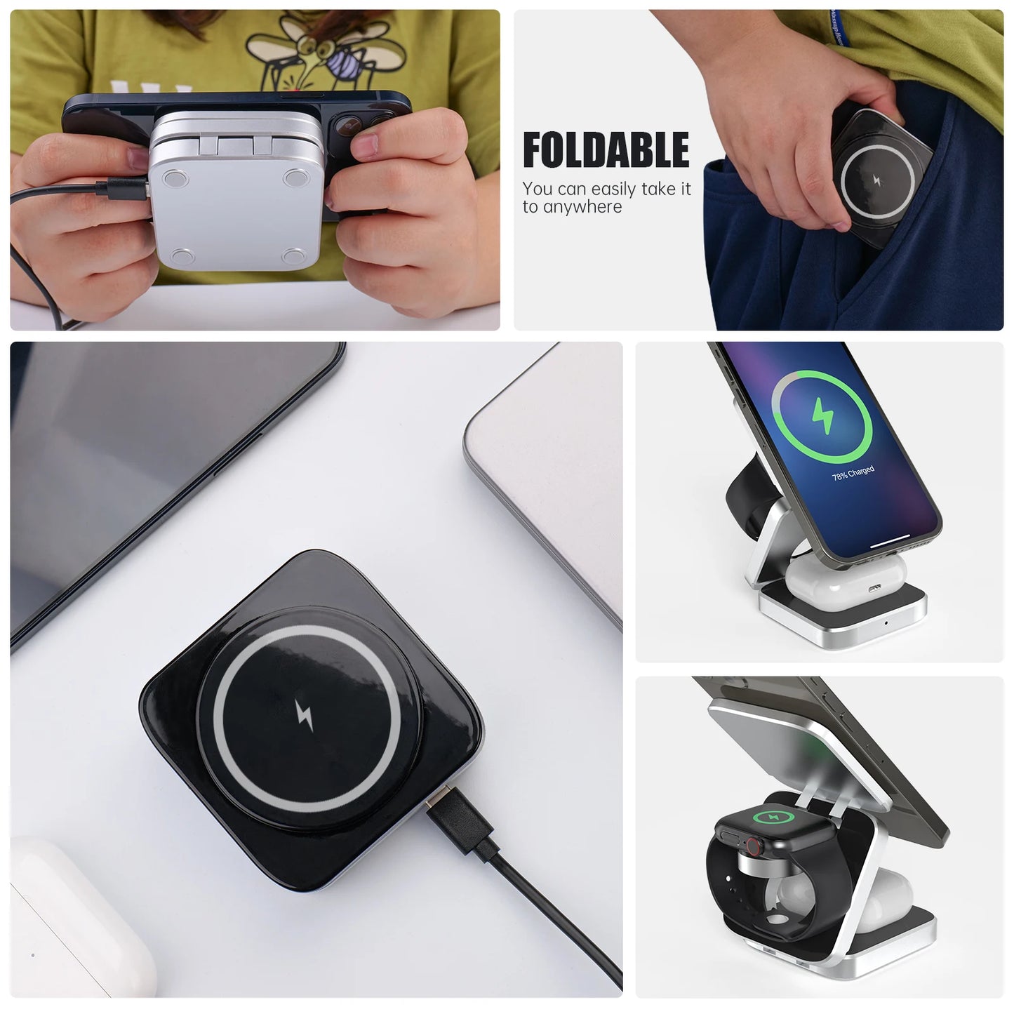 3 in 1 Magnetic Wireless Charger Foldable Stand Dock for iPhone 15/14, AirPods & iWatch – Travel Fast Charging Station for Apple & Samsung Galaxy S23