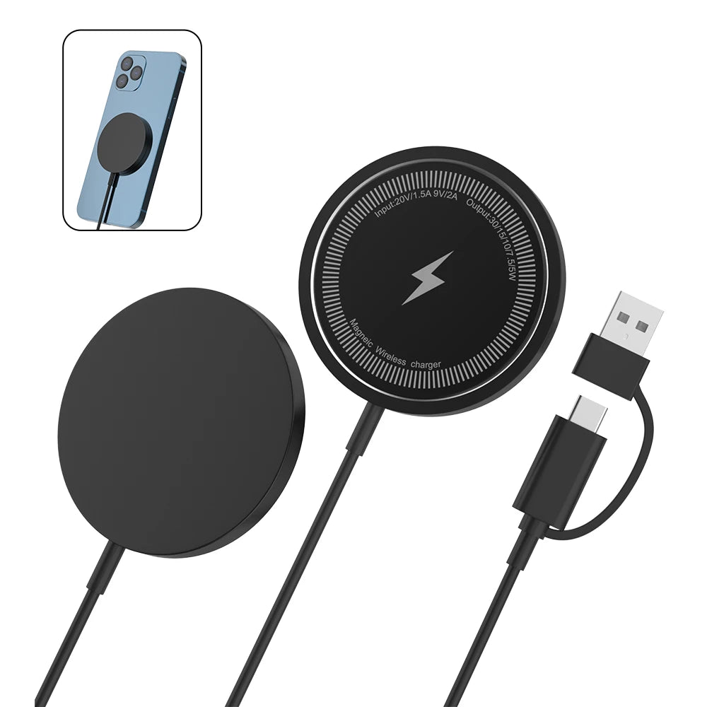 Magnetic 30W Wireless Charger Stand – Fast Charging Pad for iPhone 15/14/13/12 Pro Max, AirPods, USB-A Dock Station
