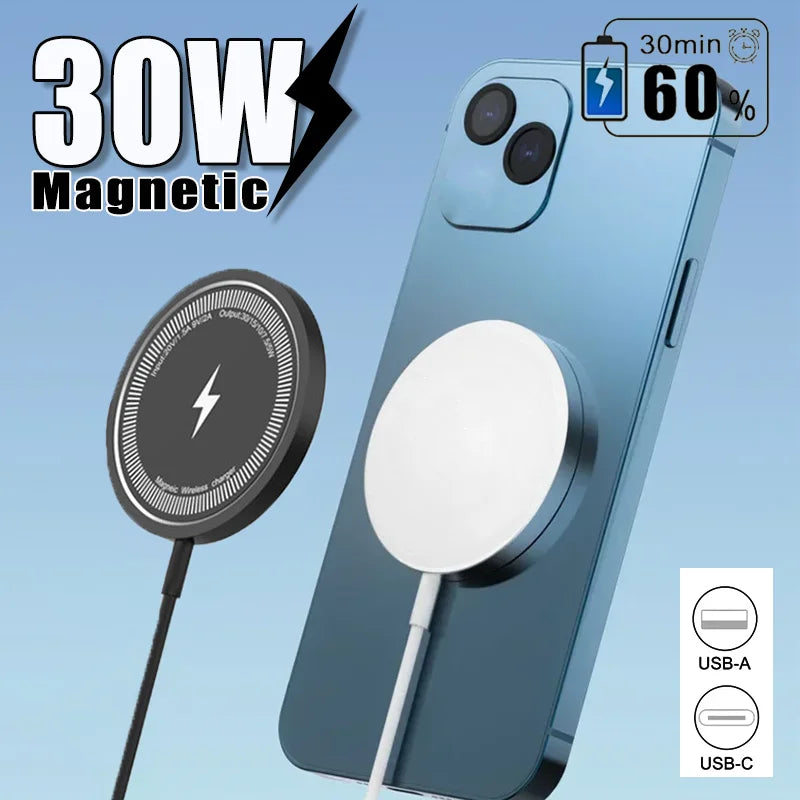 Magnetic 30W Wireless Charger Stand – Fast Charging Pad for iPhone 15/14/13/12 Pro Max, AirPods, USB-A Dock Station