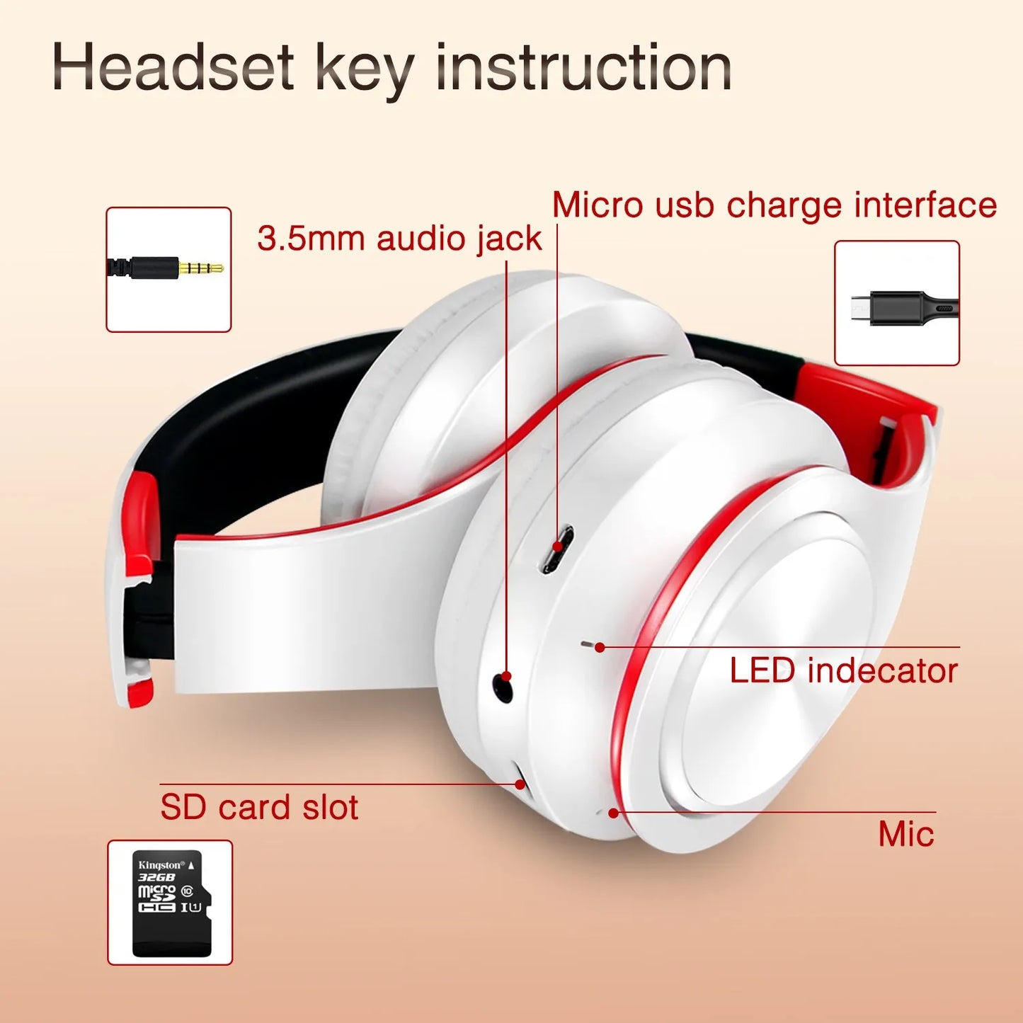 Wireless Bluetooth Headphones with Microphone – Stereo Headset MP3 Player & FM Radio
