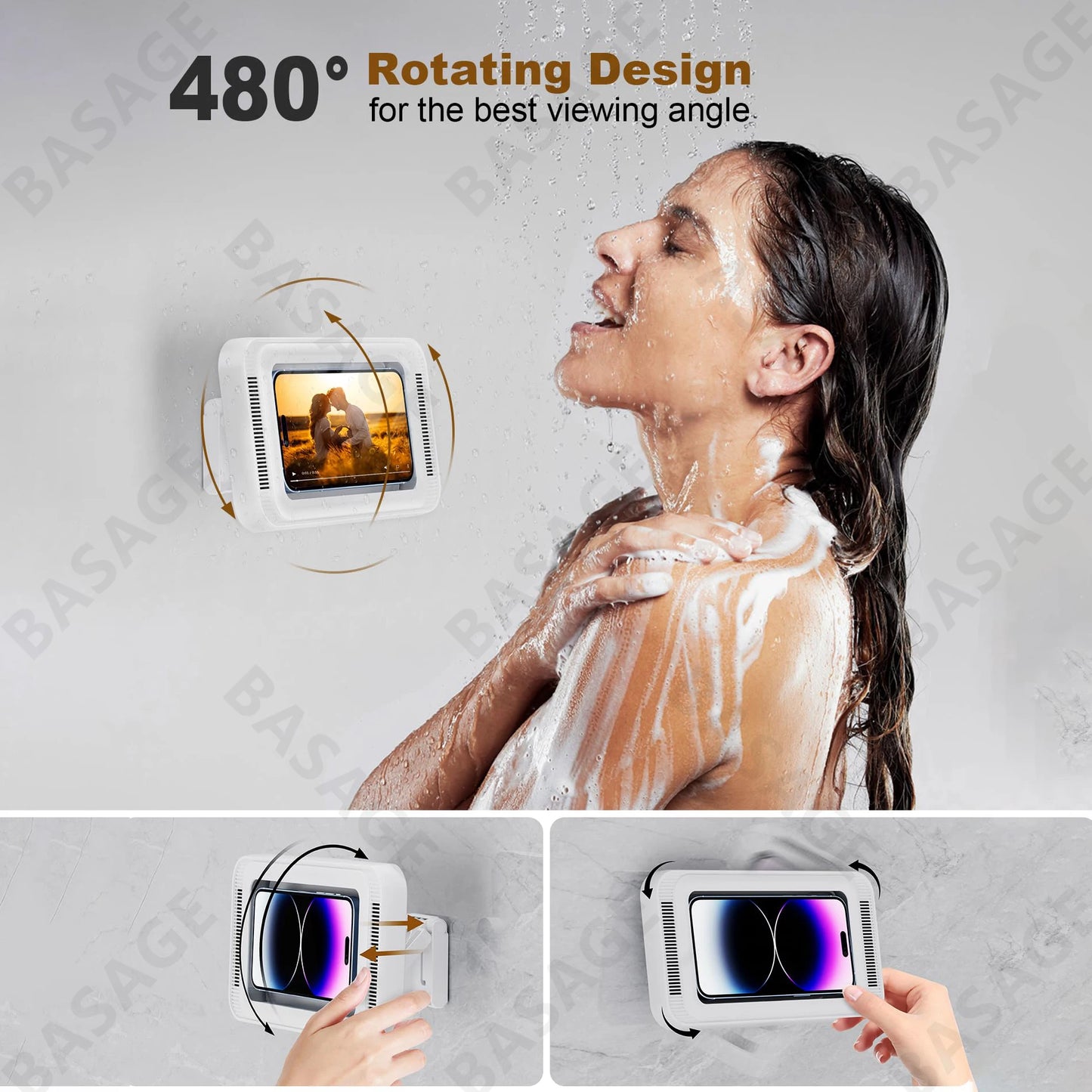 Shower Phone Holder Waterproof with Speaker Hole Screen touch Shower Phone Stand Case Mount for Bathroom Bathtub Kitchen Wall Mirror