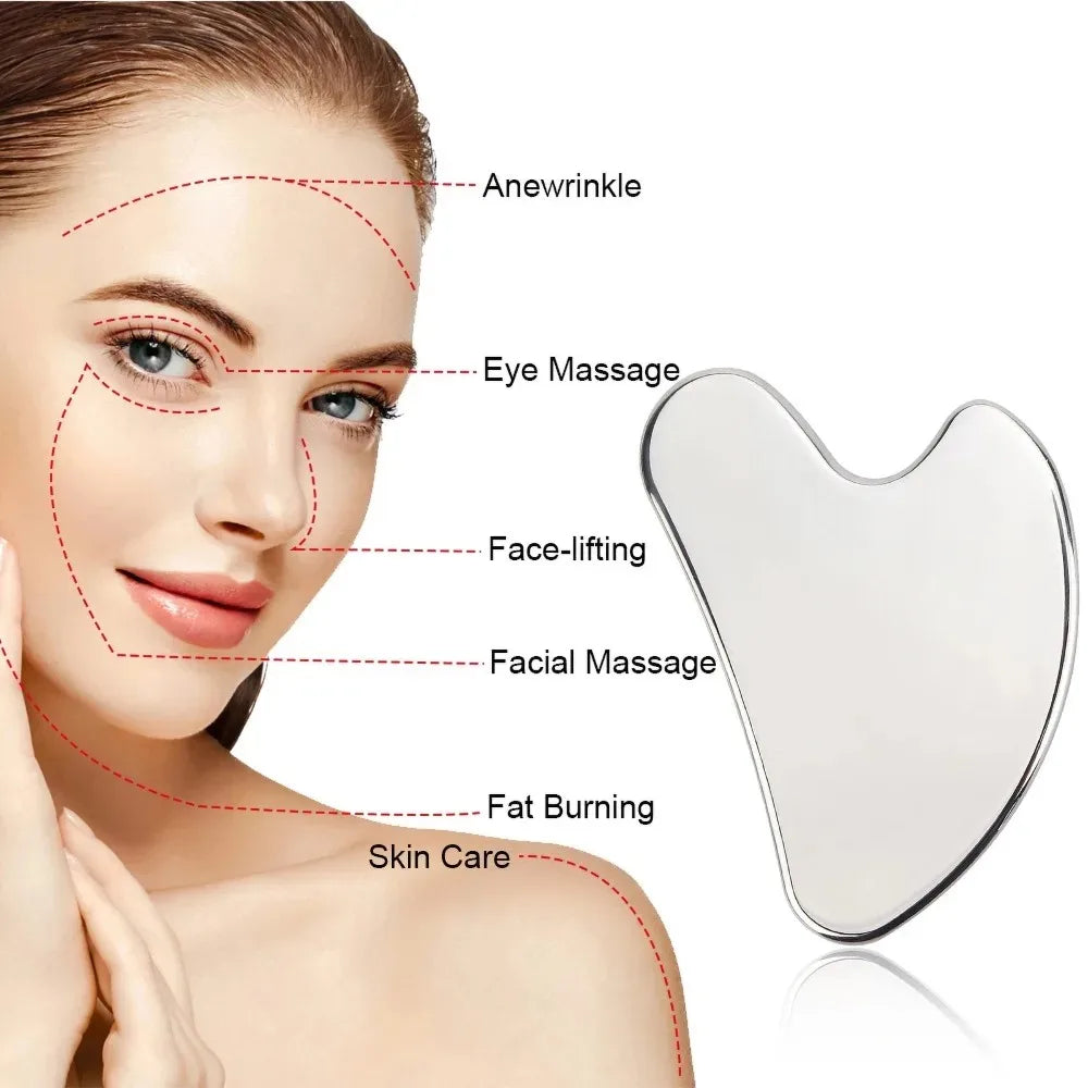 Stainless Steel Face Roller Massager & Gua Sha Board – Lifting & Sculpting Skin Care Tool