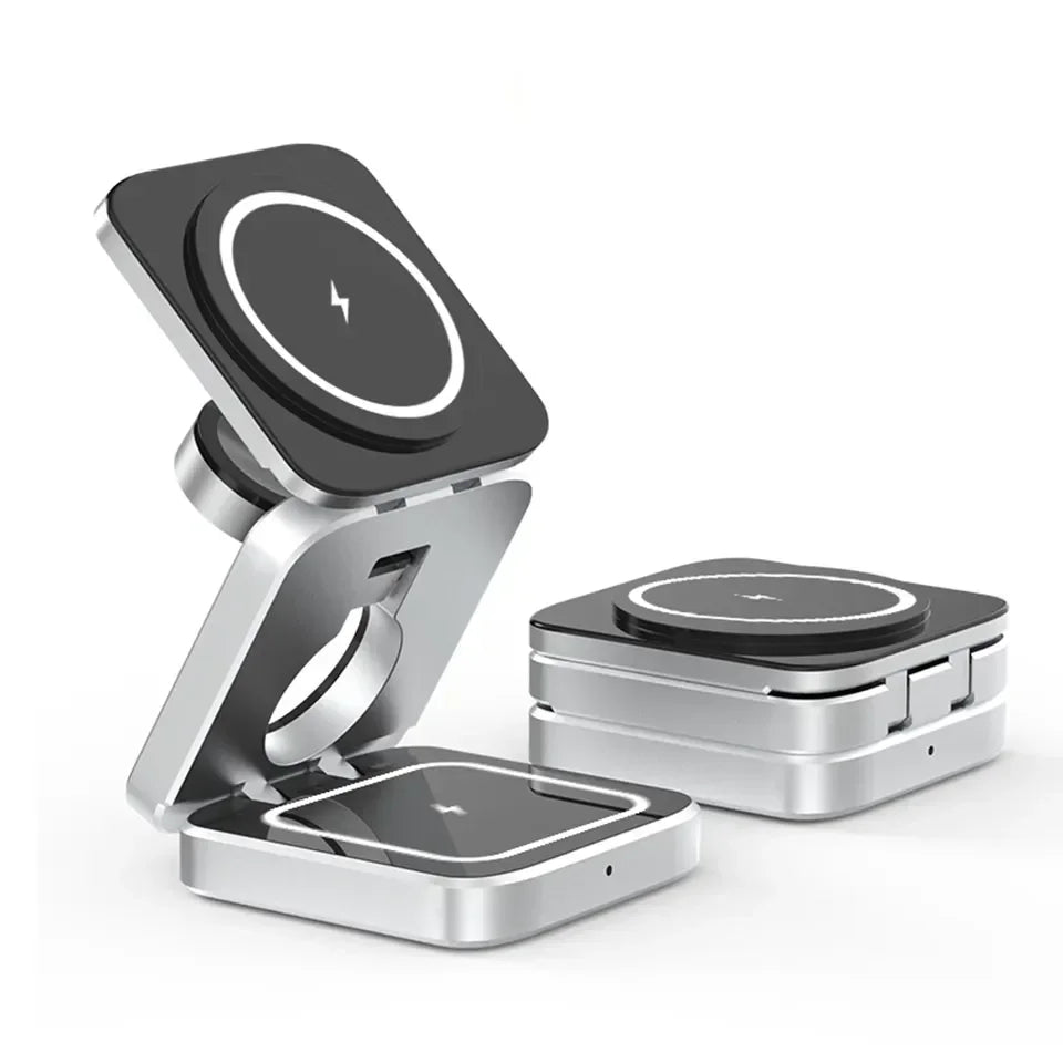 3 in 1 Magnetic Wireless Charger Foldable Stand Dock for iPhone 15/14, AirPods & iWatch – Travel Fast Charging Station for Apple & Samsung Galaxy S23