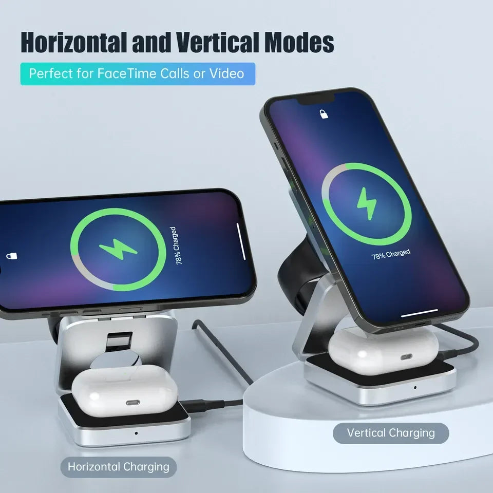 3 in 1 Magnetic Wireless Charger Foldable Stand Dock for iPhone 15/14, AirPods & iWatch – Travel Fast Charging Station for Apple & Samsung Galaxy S23
