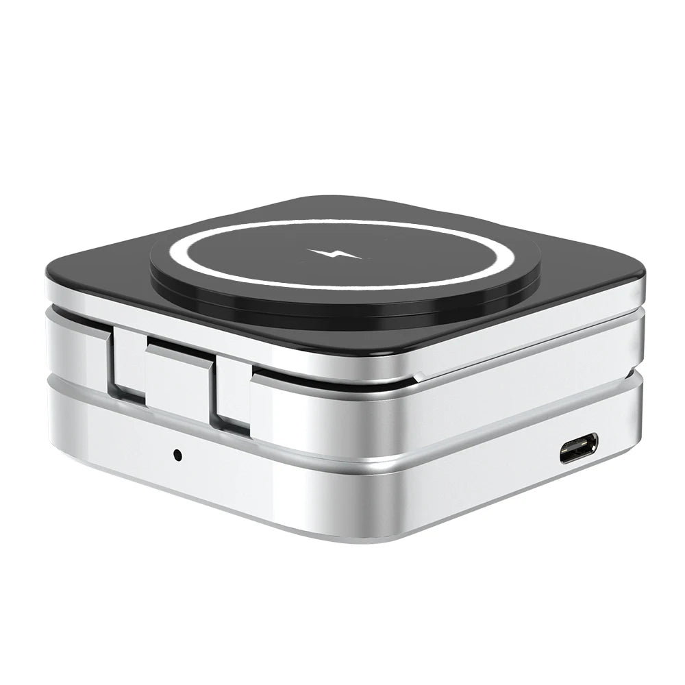 3 in 1 Magnetic Wireless Charger Foldable Stand Dock for iPhone 15/14, AirPods & iWatch – Travel Fast Charging Station for Apple & Samsung Galaxy S23