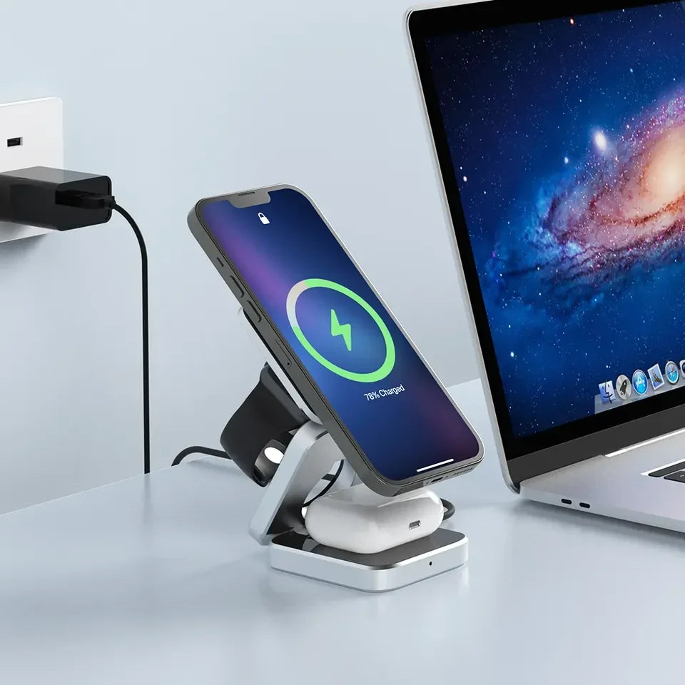 3 in 1 Magnetic Wireless Charger Foldable Stand Dock for iPhone 15/14, AirPods & iWatch – Travel Fast Charging Station for Apple & Samsung Galaxy S23
