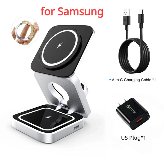 3 in 1 Magnetic Wireless Charger Foldable Stand Dock for iPhone 15/14, AirPods & iWatch – Travel Fast Charging Station for Apple & Samsung Galaxy S23