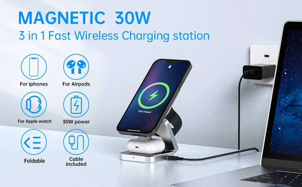 3 in 1 Magnetic Wireless Charger Foldable Stand Dock for iPhone 15/14, AirPods & iWatch – Travel Fast Charging Station for Apple & Samsung Galaxy S23