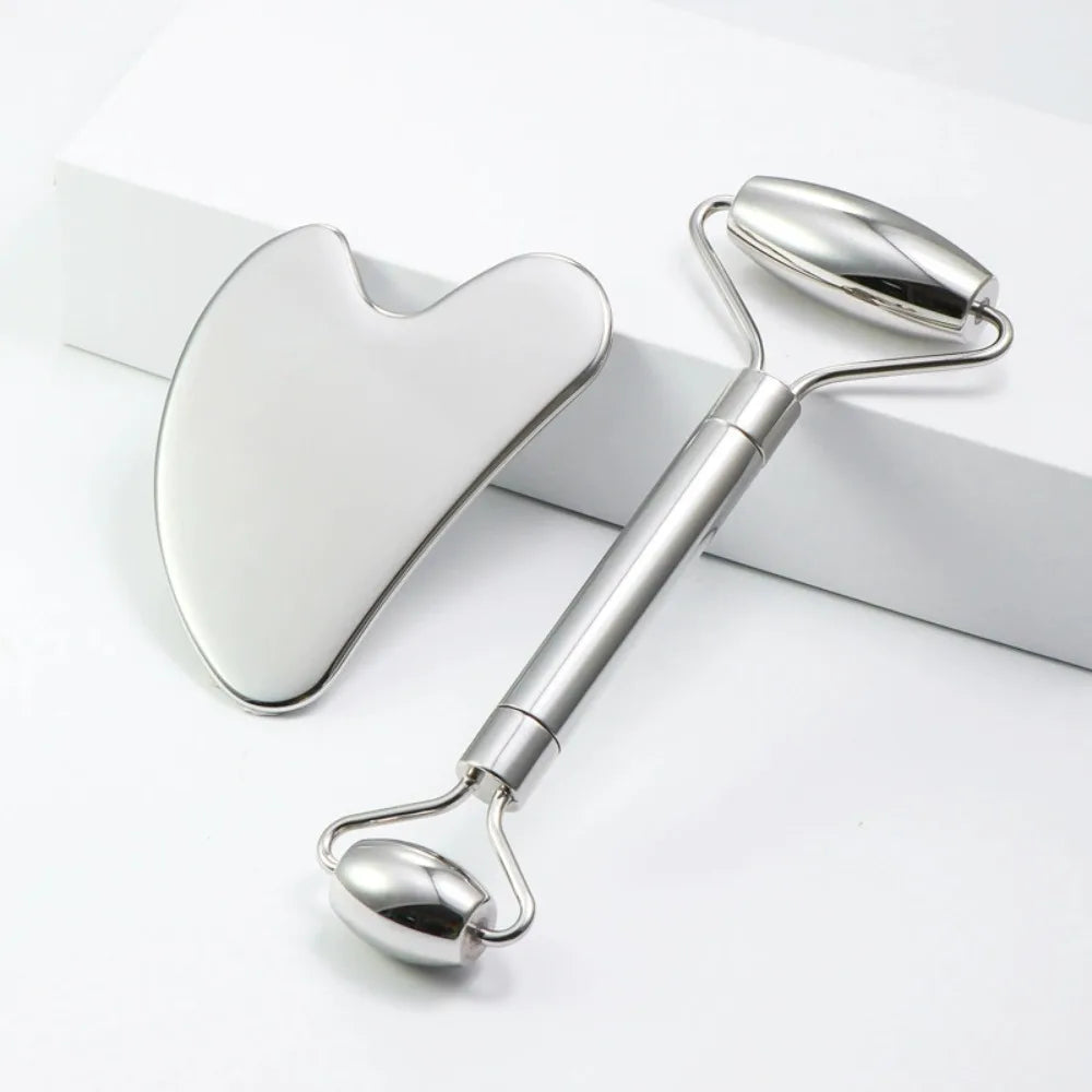 Stainless Steel Face Roller Massager & Gua Sha Board – Lifting & Sculpting Skin Care Tool