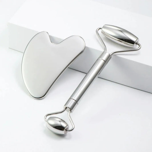 Stainless Steel Face Roller Massager & Gua Sha Board – Lifting & Sculpting Skin Care Tool
