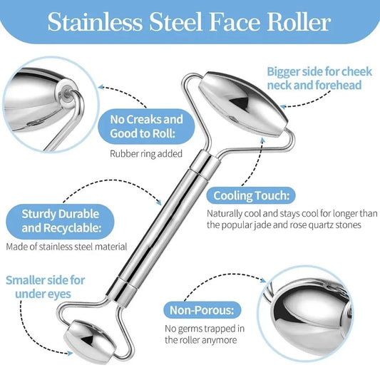 Stainless Steel Face Roller Massager & Gua Sha Board – Lifting & Sculpting Skin Care Tool