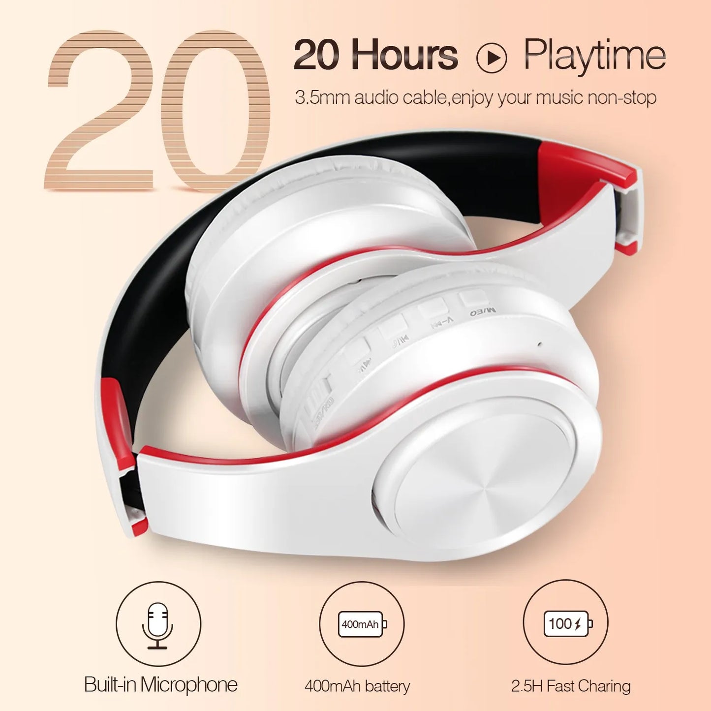 Wireless Bluetooth Headphones with Microphone – Stereo Headset MP3 Player & FM Radio