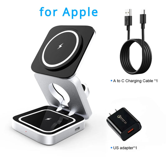 3 in 1 Magnetic Wireless Charger Foldable Stand Dock for iPhone 15/14, AirPods & iWatch – Travel Fast Charging Station for Apple & Samsung Galaxy S23