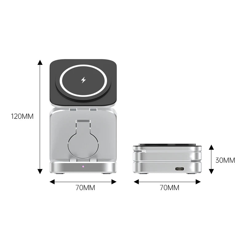 3 in 1 Magnetic Wireless Charger Foldable Stand Dock for iPhone 15/14, AirPods & iWatch – Travel Fast Charging Station for Apple & Samsung Galaxy S23